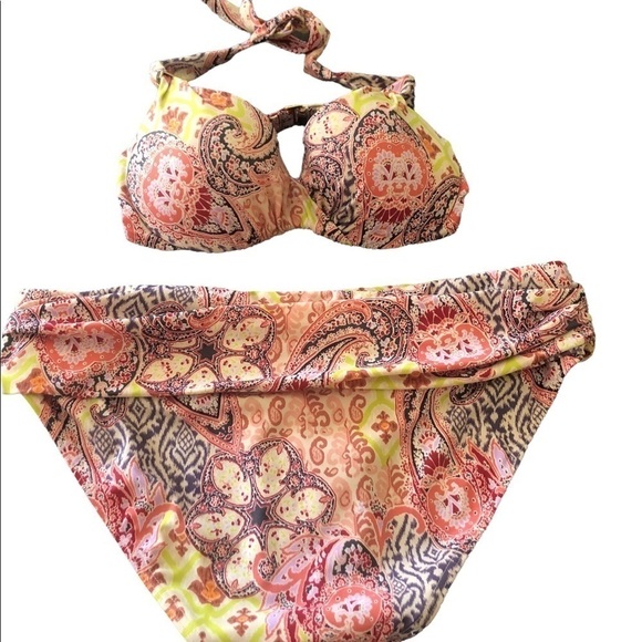 Victoria’s Secret Heavenly 3PC Fold Over Paisley Bikini Tankini M Halter Style - Picture 3 of 13